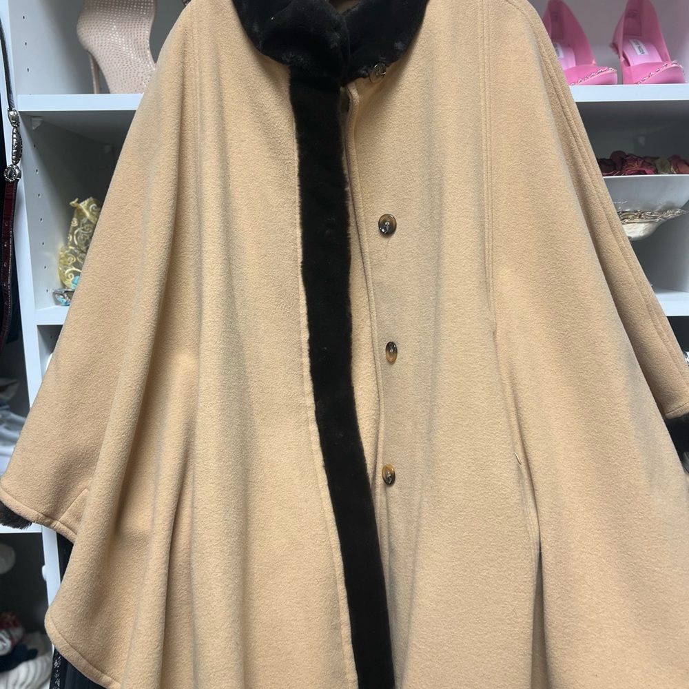 Talbots vintage black fur lined camel cape